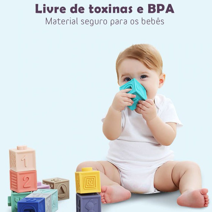 Blocos Cognitivos de Encaixe Sensorial e Mordedor em Silicone, 12 peças — Bem Chegado