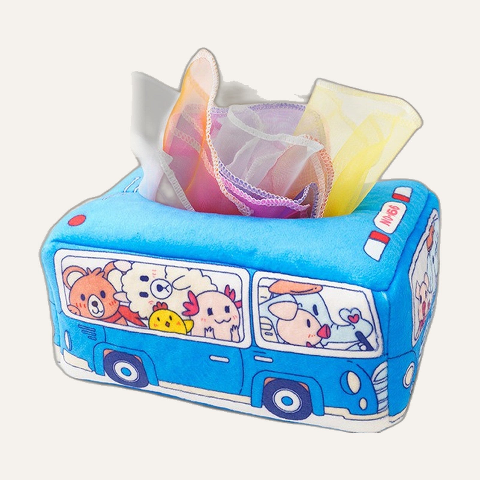 Caixa de Lenços Sensorial em formato de ônibus azul, com os lenços coloridos saindo pela abertura de cima