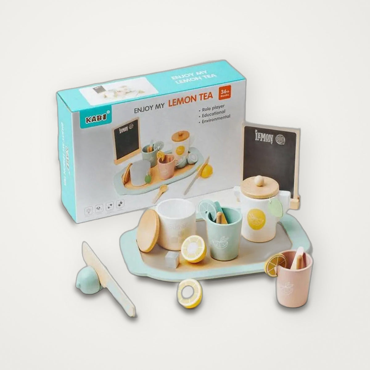 Jogo de limonada em madeira com bandeja, copos e limões, e a caixa do fabricante