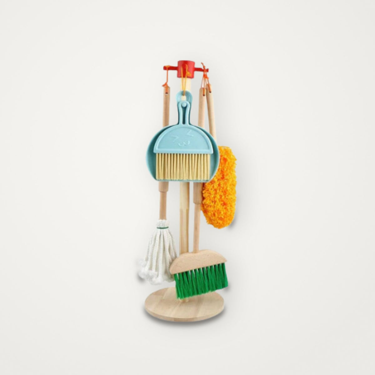 Kit de limpeza infantil em madeira com suporte, vassoura, pá, esfregão e espanador