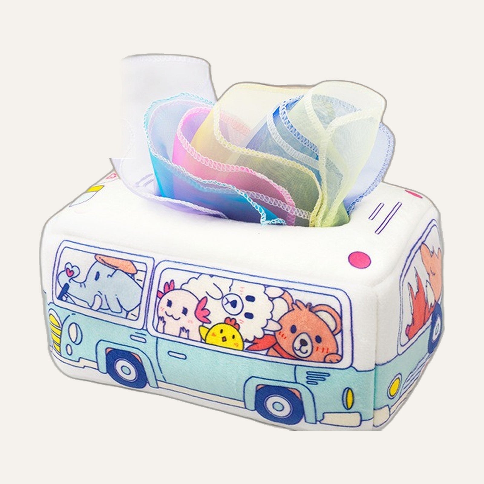 Caixa de Lenços Sensorial em formato de ônibus branco, com os lenços coloridos saindo pela abertura de cima