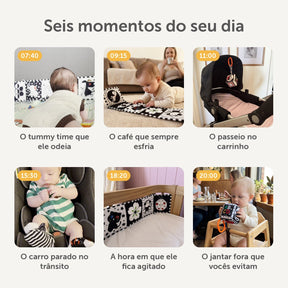 Seis momentos do dia com o Box Alto Contraste: tummy time, café, passeio no carrinho, carro, fim de tarde e jantar fora