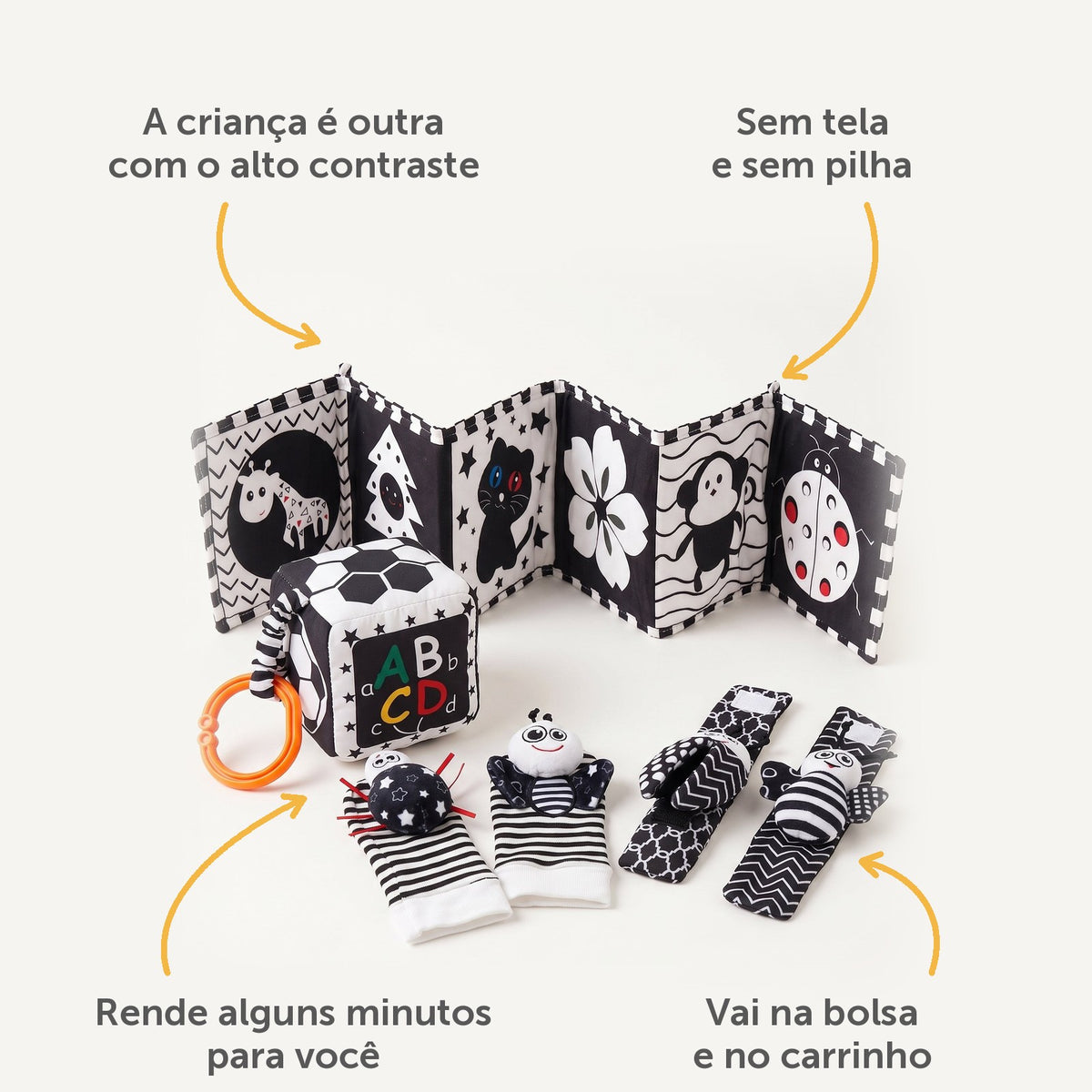 As quatro peças do Box Alto Contraste com setas apontando os benefícios: a criança é outra com o alto contraste, sem tela e sem pilha, rende alguns minutos para você, vai na bolsa e no carrinho
