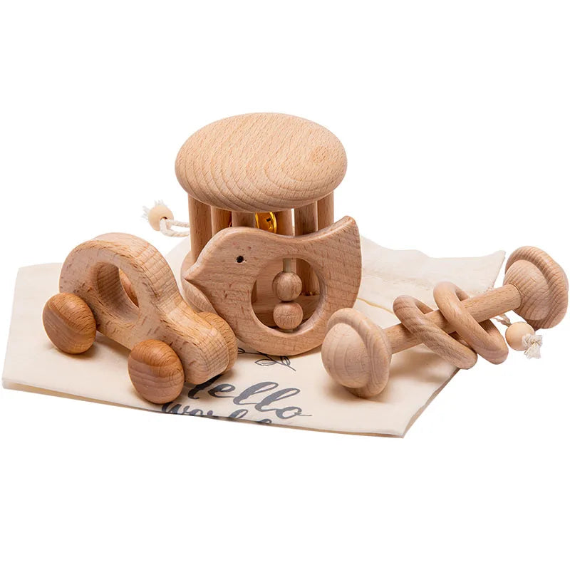 Kit Chocalho Mordedor em Madeira Montessori - Brinquedo Educativo